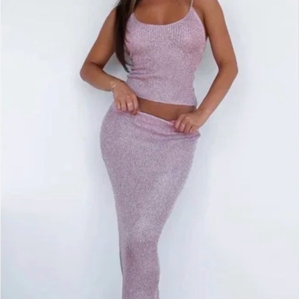 White Fox Boutique Pink Sparkle Two-Piece Maxi Set